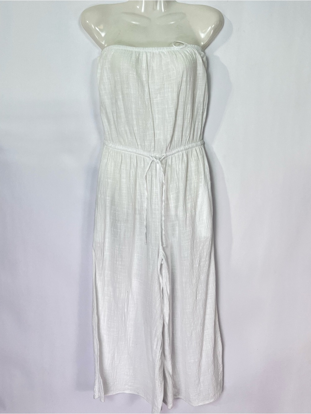 Aerie White Strapless Jumpsuit Pantsuit Drawstring Waist Tie Sz XS